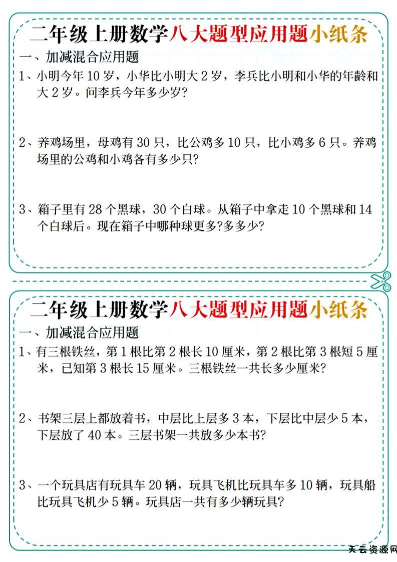 二年级上数学八大题型应用题小纸条-天云资源网