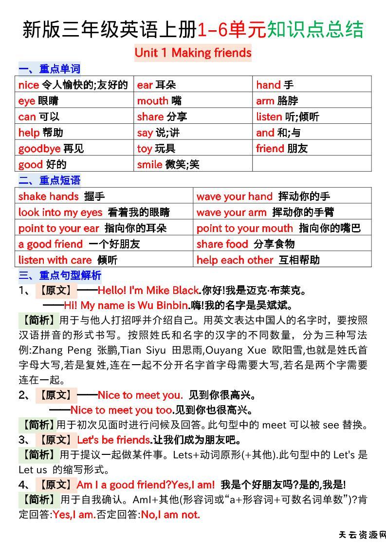 新版三年级英语上册1-6单元知识点总结-天云资源网