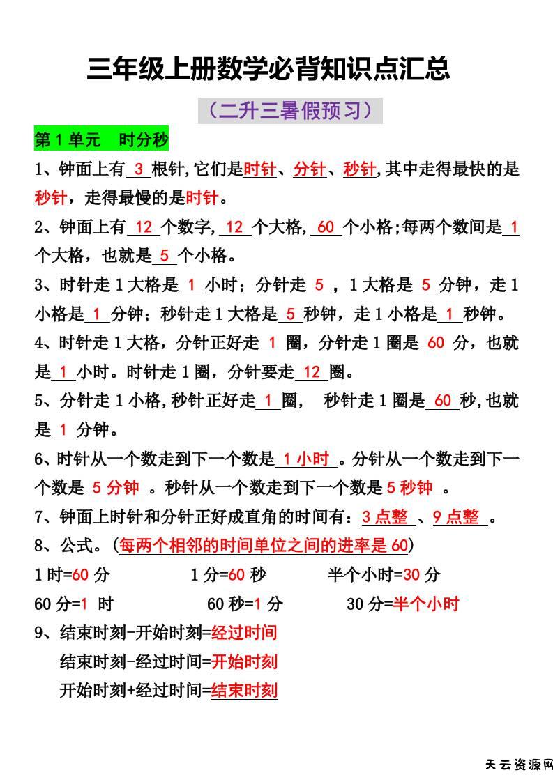 三年级上册数学必背知识点汇总-天云资源网