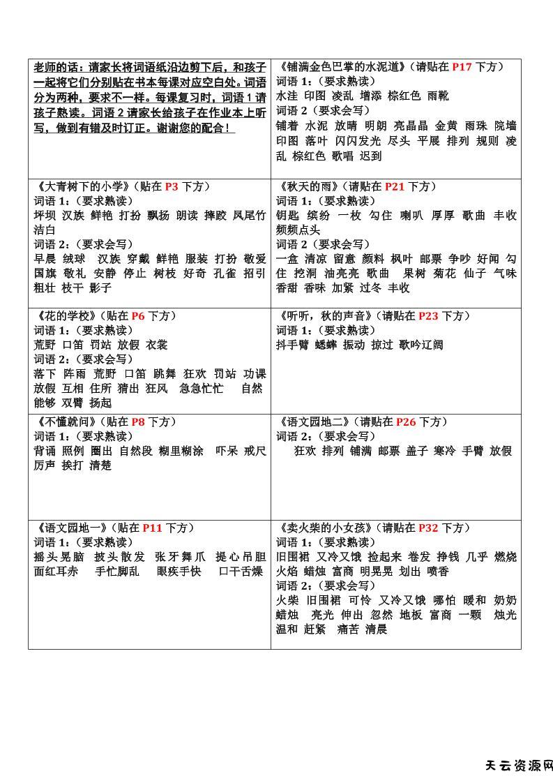 三上语文-认读词语书贴-天云资源网