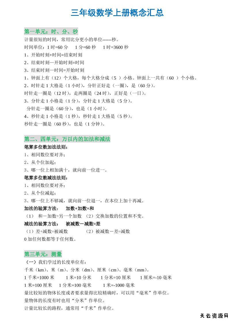 三年级数学上册概念全集-天云资源网