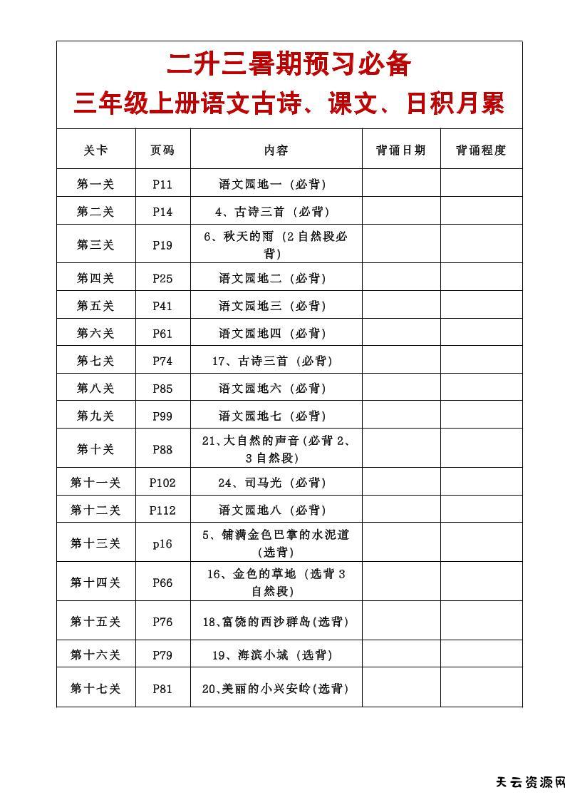 三年级语文上册课文必背内容-天云资源网