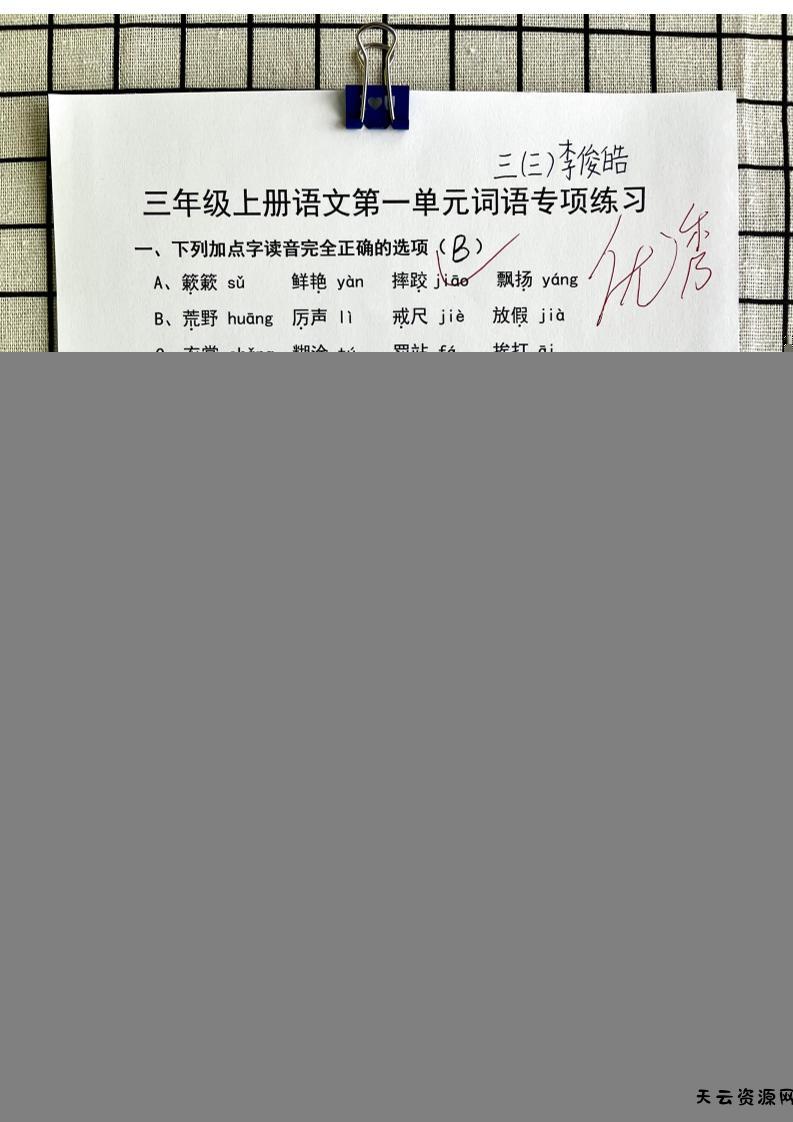 三年级上册语文第一单元词语专项答案-天云资源网