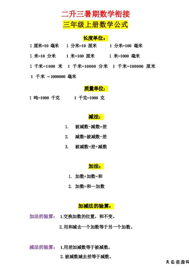 三年级上册数学公式-天云资源网