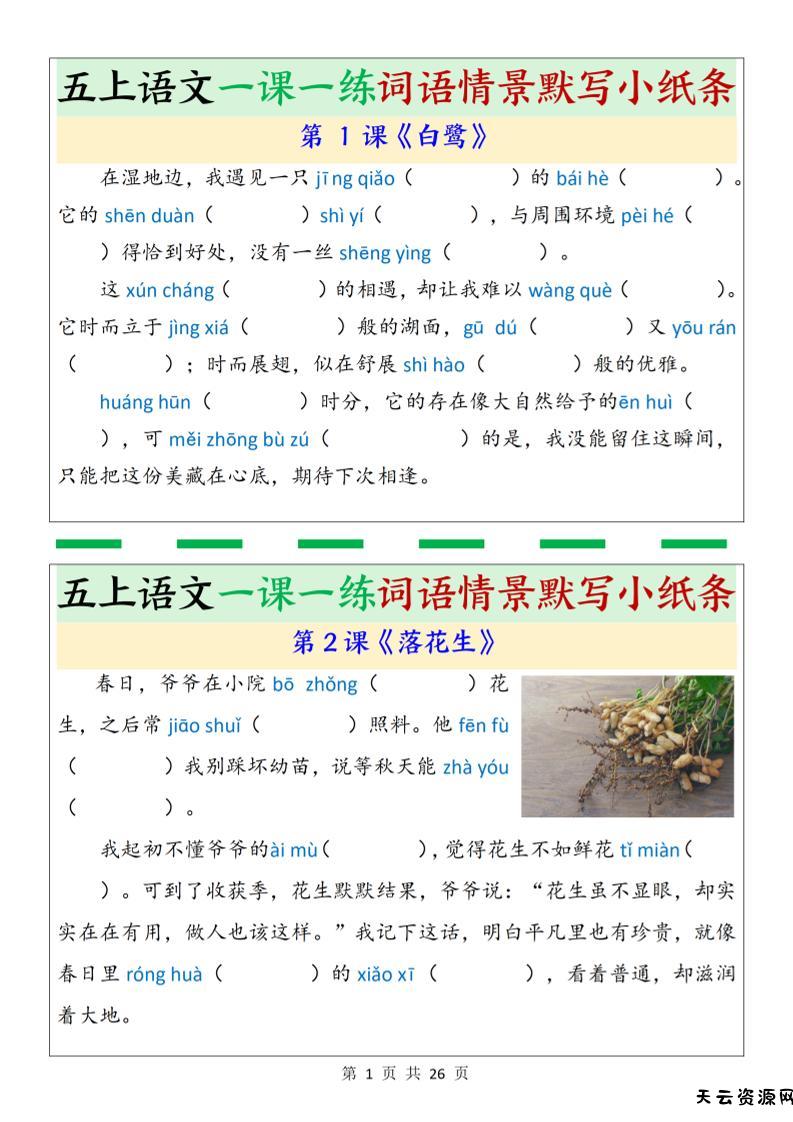 五上语文一课一练词语情景默写小纸条（含答案26页）-天云资源网