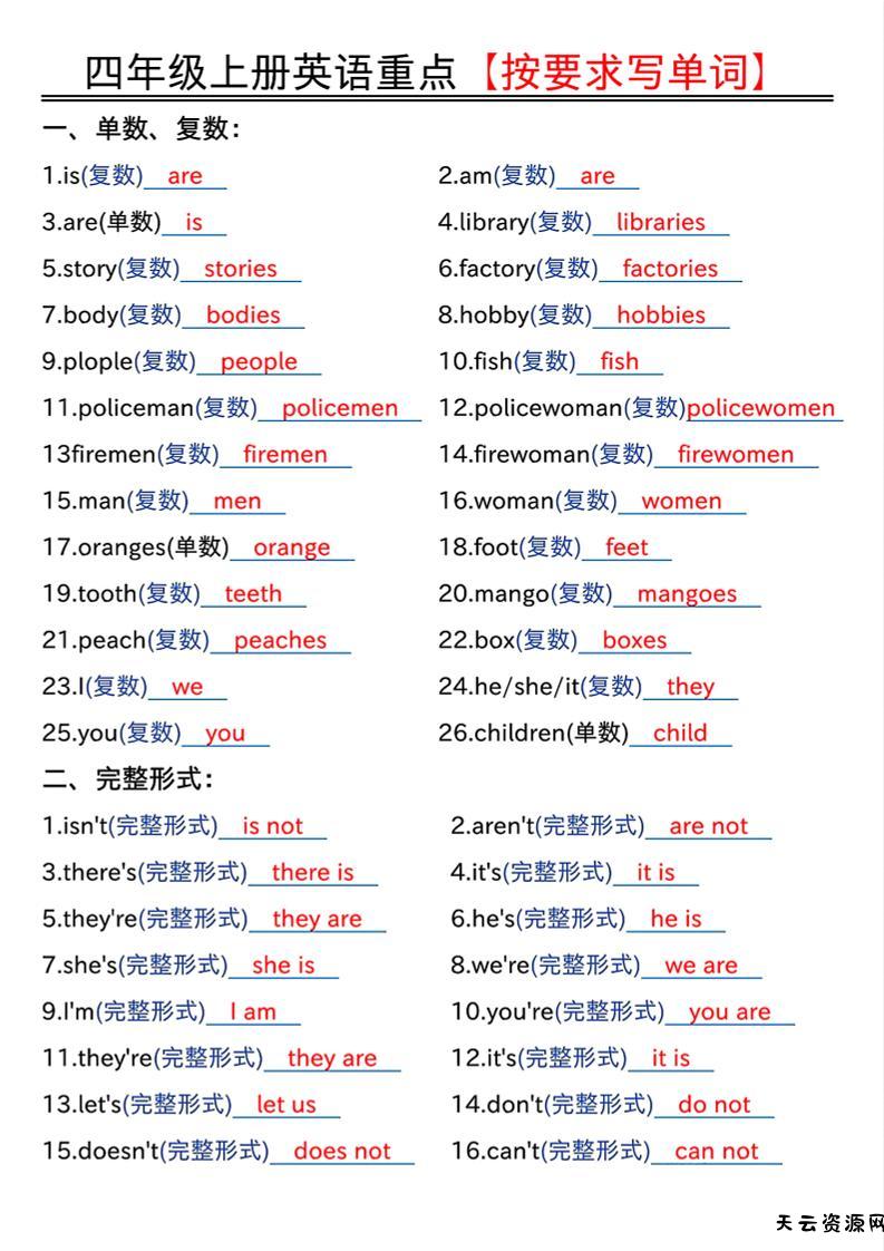 四年级上人教PEP版英语重点按要求写单词（答案）-天云资源网