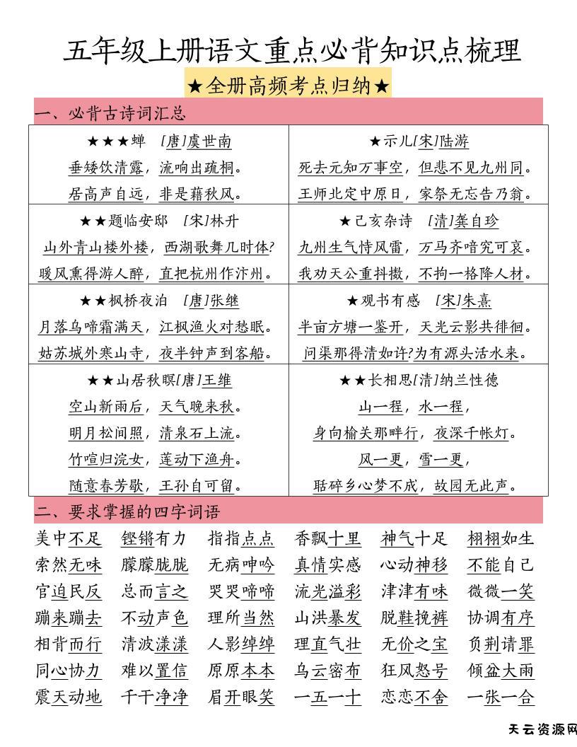 五上语文重点必背知识点梳理-天云资源网
