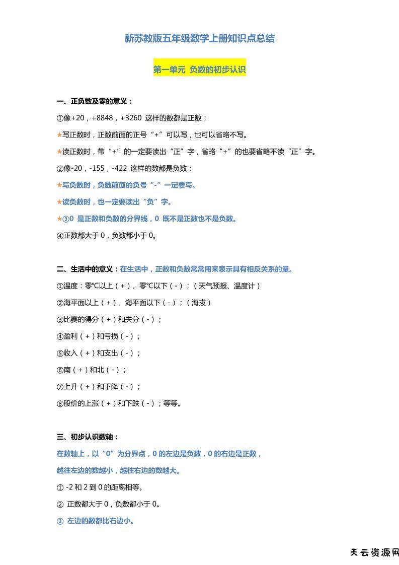 五上苏教版数学知识点汇总预习-天云资源网