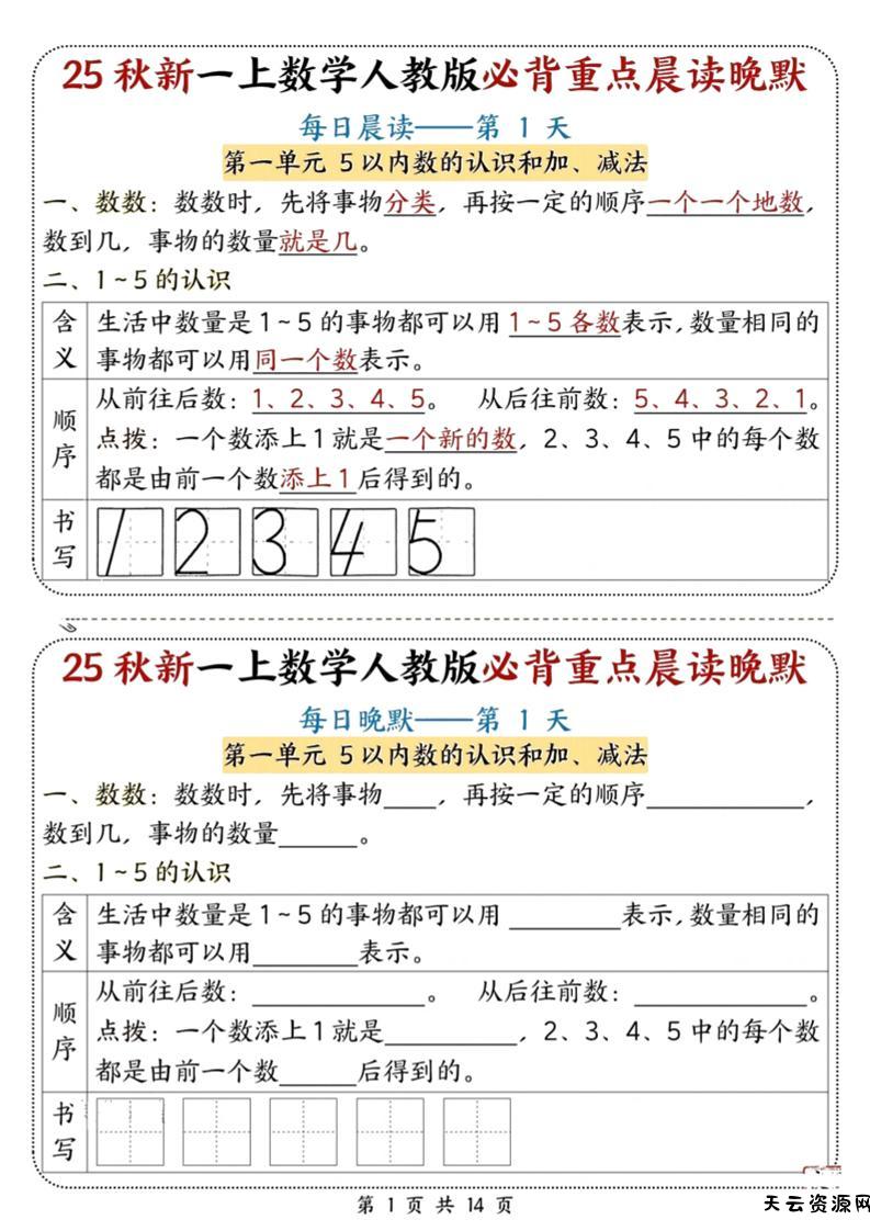 25秋新一上数学必背重点晨读晚默（人教版14页）-天云资源网