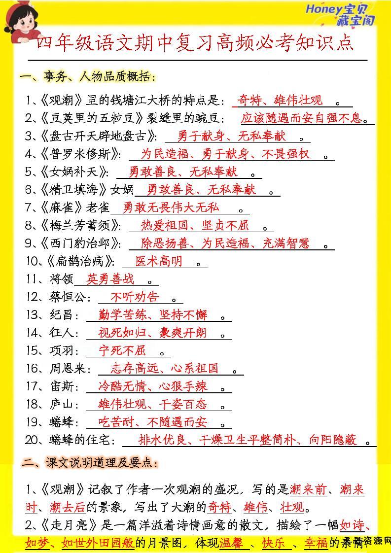 四上语文期中高频考点-天云资源网