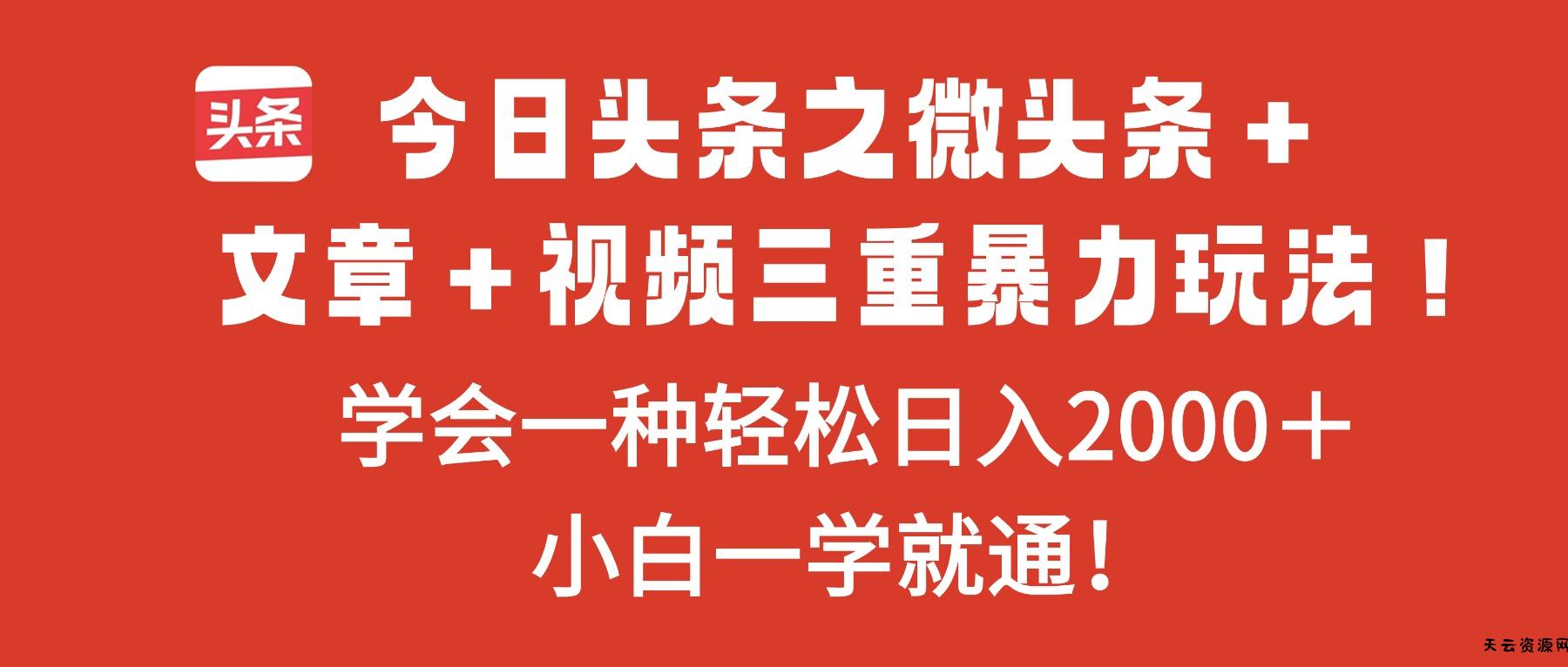 今日头条之微头条＋文章＋视频三重暴力玩法，学会一种轻松日入2000＋，...-天云资源网