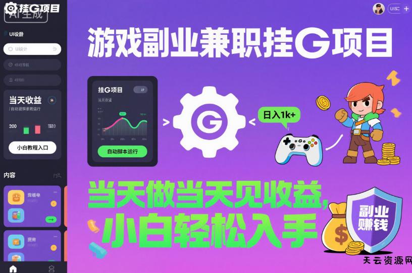 游戏副业兼职挂G项目，当天做当天见收益,日入1k+，小白轻松入手【揭秘】-天云资源网