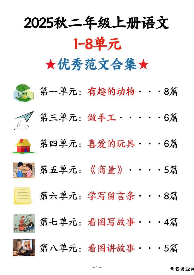 25秋二上语文1-8单元优秀范文合集（22页）-天云资源网