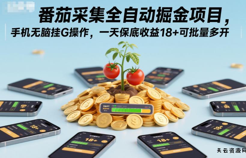 番茄采集全自动掘金项目，手机无脑挂G操作，一天保底收益18+可批量多开【揭秘】-天云资源网
