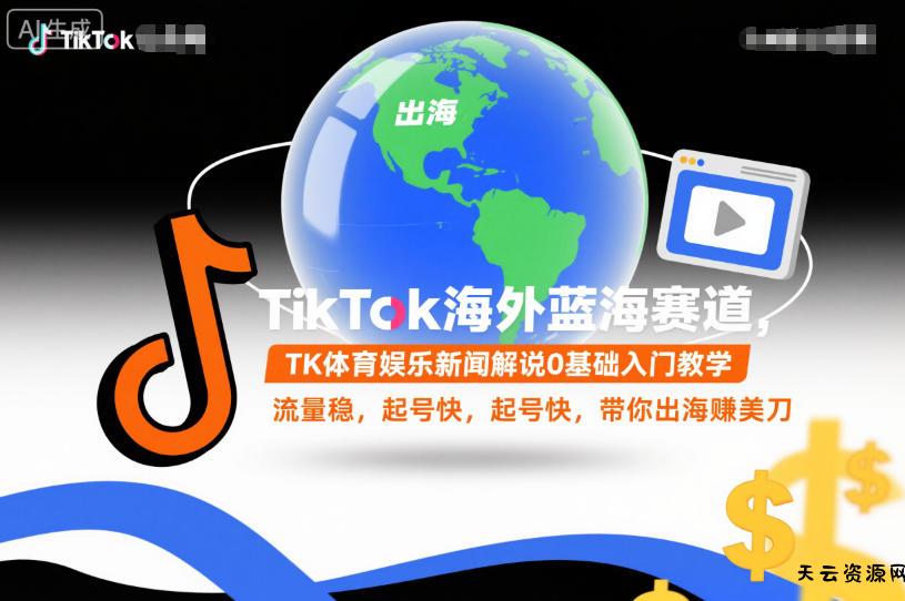 TikTok海外蓝海赛道，TK体育娱乐新闻解说0基础入门教学，流量稳，起号快，带你出海賺美刀-天云资源网