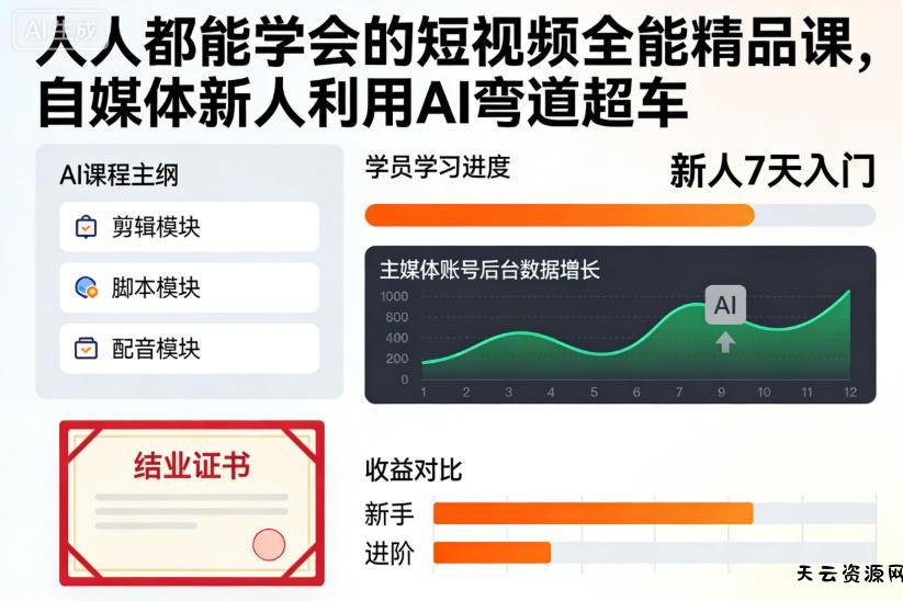 人人都能学会的短视频全能精品课，自媒体新人利用AI弯道超车-天云资源网