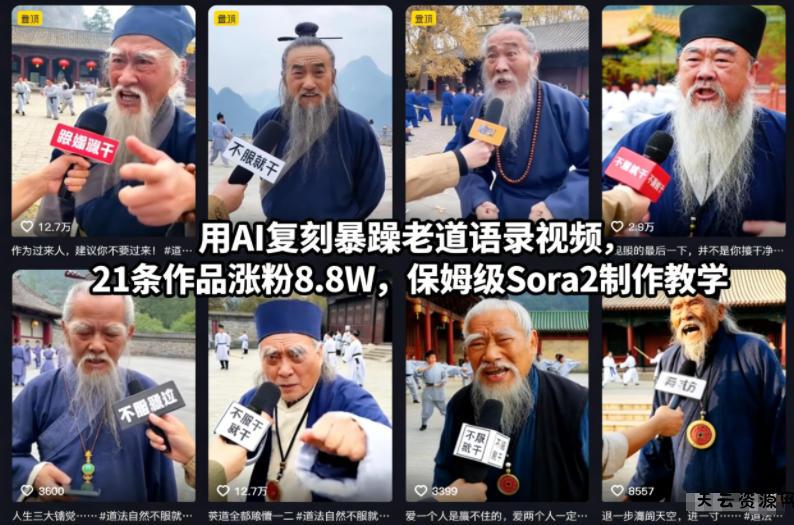 用AI复刻暴躁老道语录视频,21条作品涨粉8.8W,保姆级Sora2制作教学-天云资源网