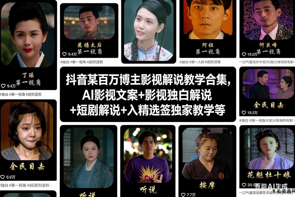 抖音某百万博主影视解说教学合集，AI影视文案+影视独白解说+短剧解说+入精选签独家教学等-天云资源网