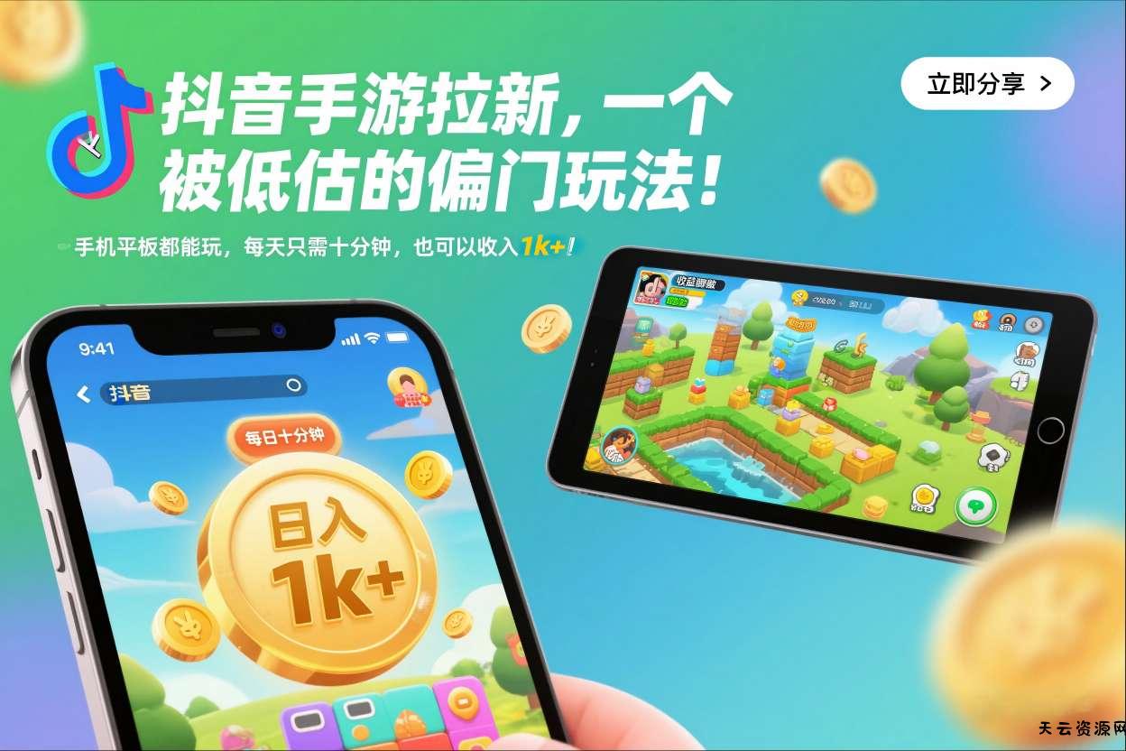 抖音手游拉新,一个被低估的偏门玩法!手机平板都能玩,每天只需十分钟,也可以收入1k+【揭秘】-天云资源网