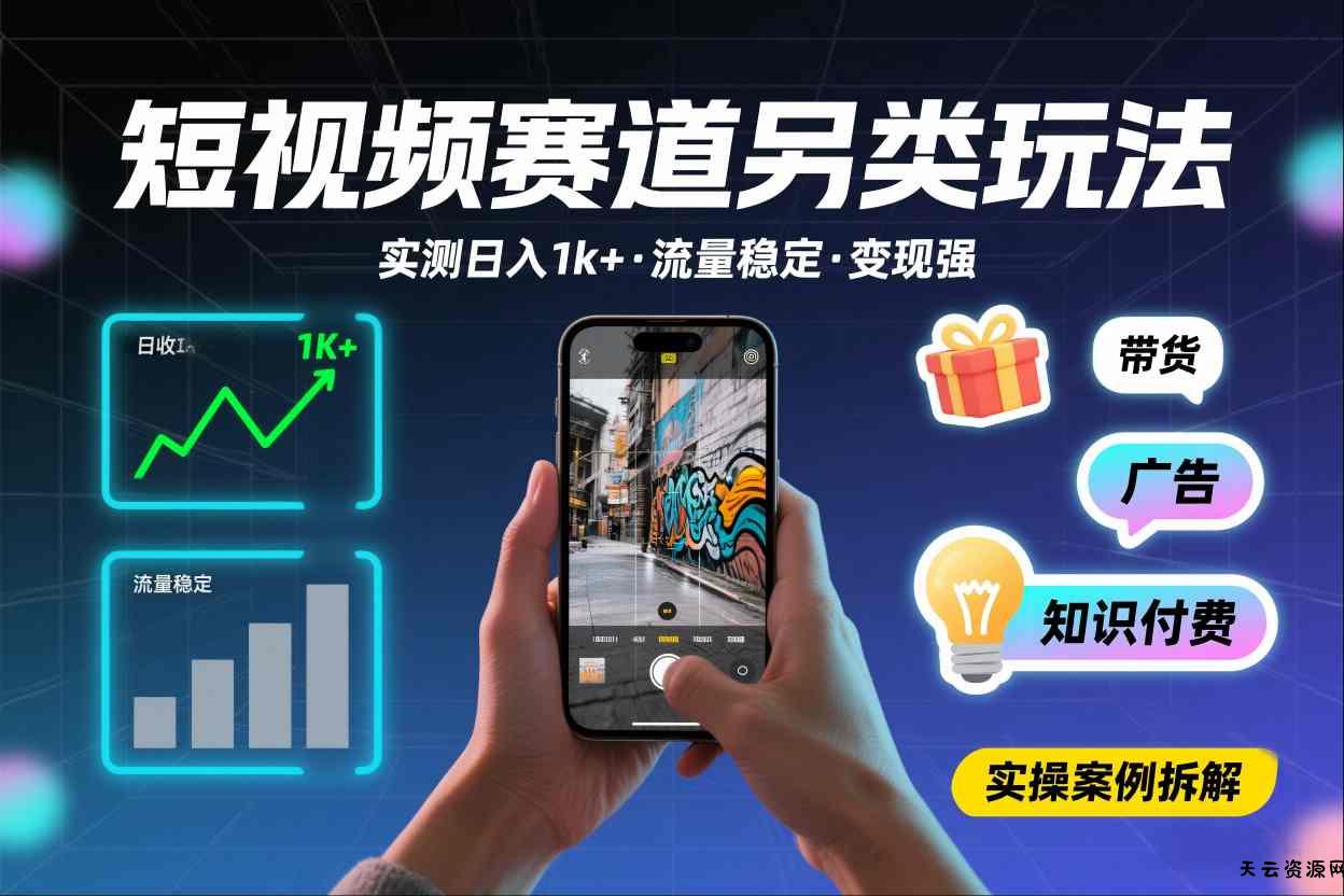 短视频赛道另类玩法，实测日收入1k+，流量稳定，变现能力强-天云资源网