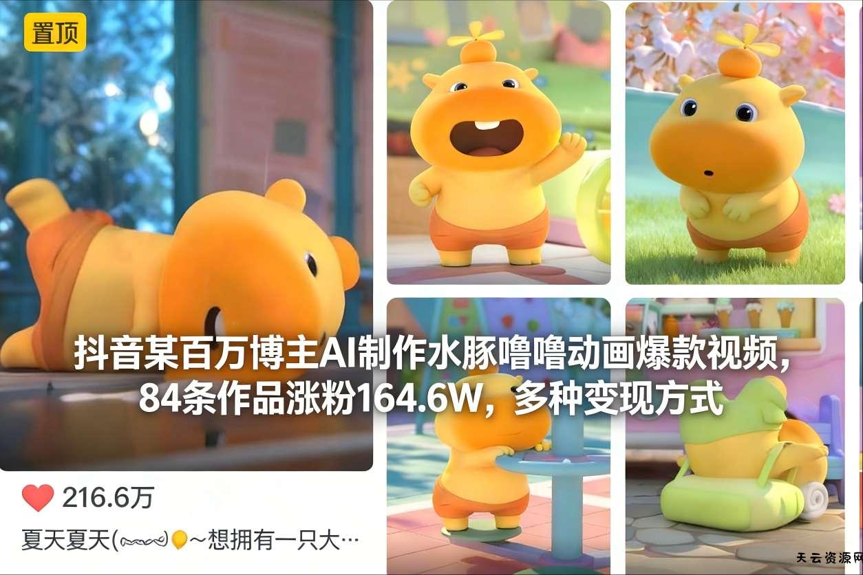 抖音某百万博主AI制作水豚噜噜动画爆款视频，84条作品涨粉164.6W，多种变现方式-天云资源网