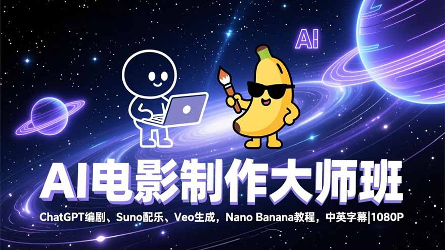AI电影制作大师班：ChatGPT编剧、Suno配乐、Veo生成，Nano Banana教程，中英字幕|1080P-天云资源网