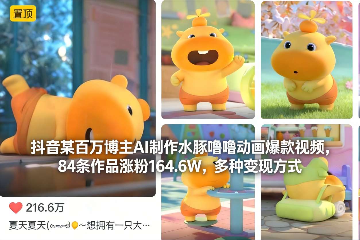 抖音某百万博主AI制作水豚噜噜动画爆款视频，84条作品涨粉164.6W，多种变现方式-天云资源网
