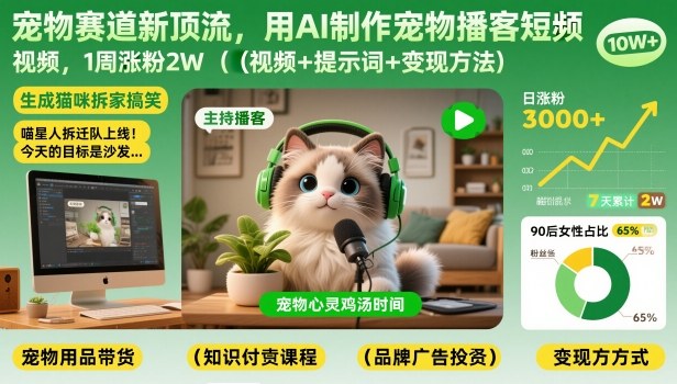 宠物赛道新顶流，用AI制作宠物播客短视频，1周涨粉2W(视频+提示词+变现方法)-天云资源网