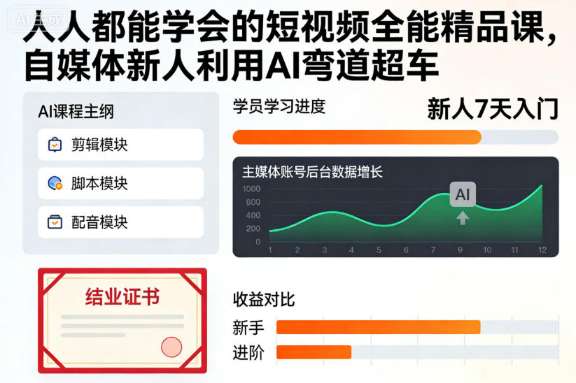 人人都能学会的短视频全能精品课，自媒体新人利用AI弯道超车-天云资源网