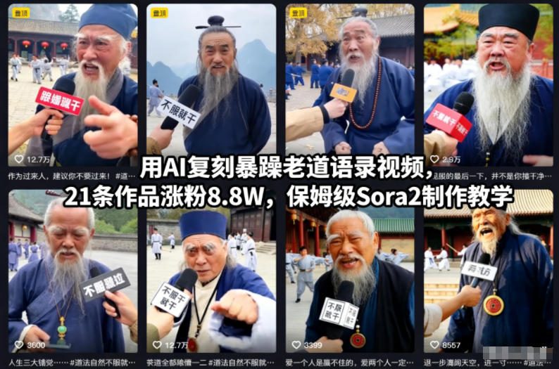 用AI复刻暴躁老道语录视频,21条作品涨粉8.8W,保姆级Sora2制作教学-天云资源网