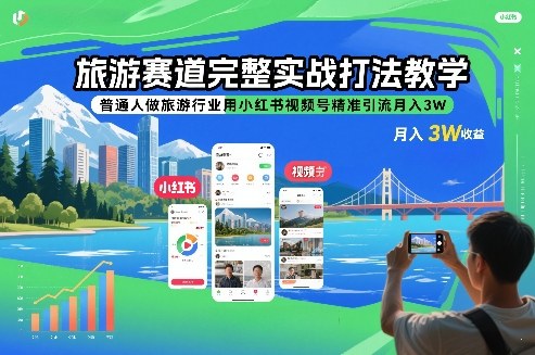 旅游赛道完整实战打法教学,普通人做旅游行业用小红书视频号精准引流月入3W-天云资源网