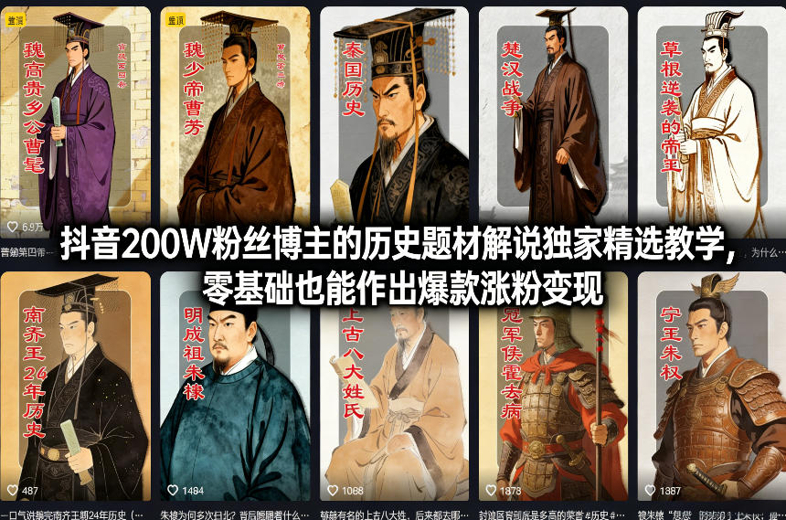 抖音200W粉丝博主的历史题材解说独家精选教学，零基础也能作出爆款涨粉变现-天云资源网