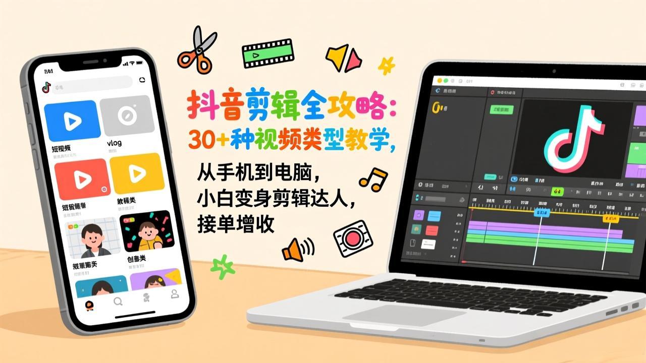 抖音剪辑全攻略：30+种视频类型教学，从手机到电脑，小白变身剪辑达人，接单增收-天云资源网