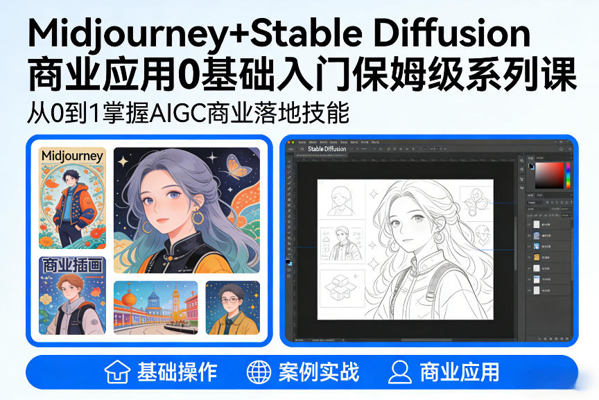 AIGC商业应用Midjourney+Stable Diffusion教程，0基础入门保姆级系列课-天云资源网