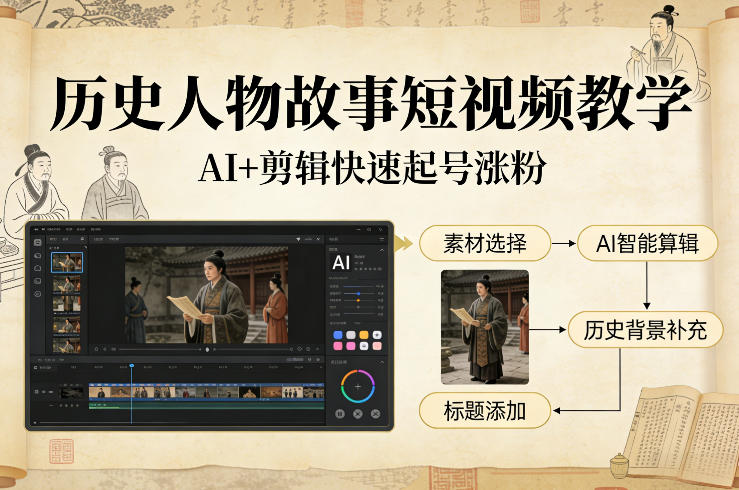 历史人物故事短视频教学，AI+剪辑制作历史人物题材短视频，快速起号涨粉-天云资源网