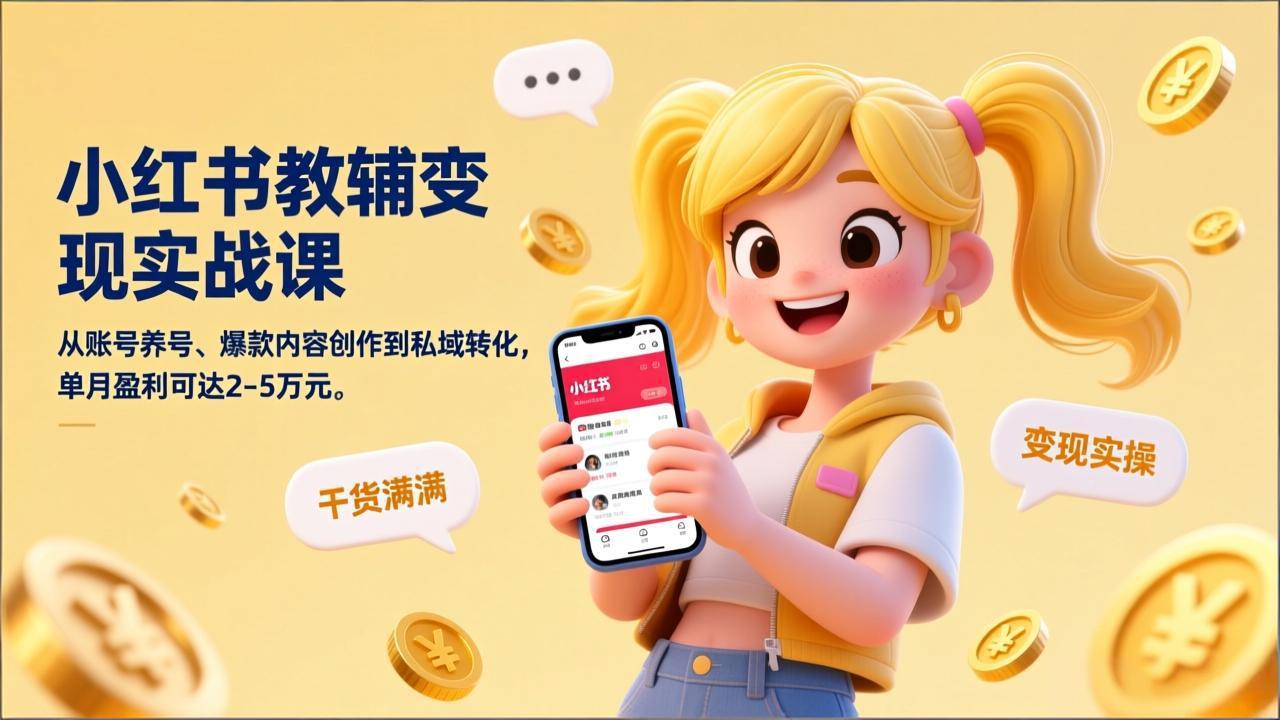 小红书教辅变现实战课，从账号养号、爆款内容创作到私域转化，单月盈利可达2-5万元-天云资源网