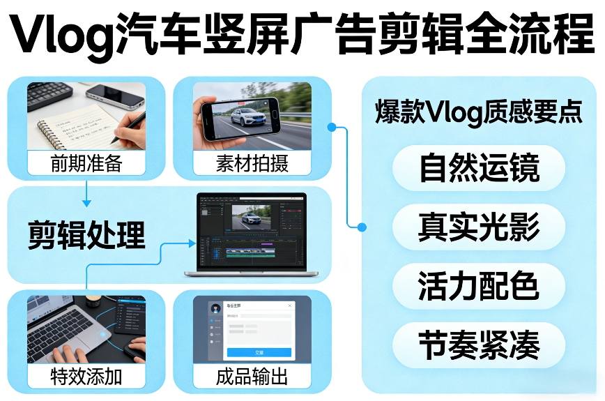 Vlog感觉汽车竖屏广告剪辑脚本全流程，拿捏爆款Vlog质感-天云资源网
