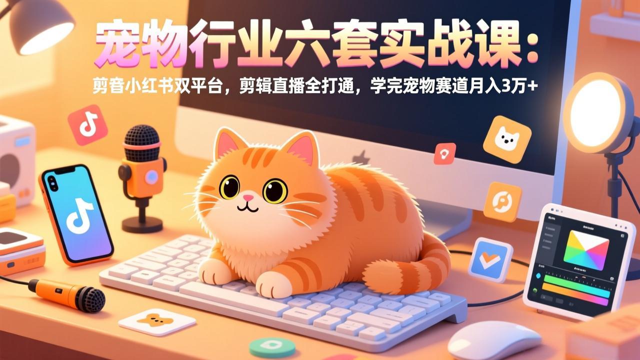 宠物行业六套实战课：抖音小红书双平台，剪辑直播全打通，学完宠物赛道月入3万+-天云资源网