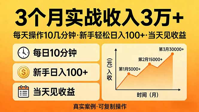 3个月实战收入3万+，每天操作10几分钟，新手轻松日入100+，当天见收益-天云资源网