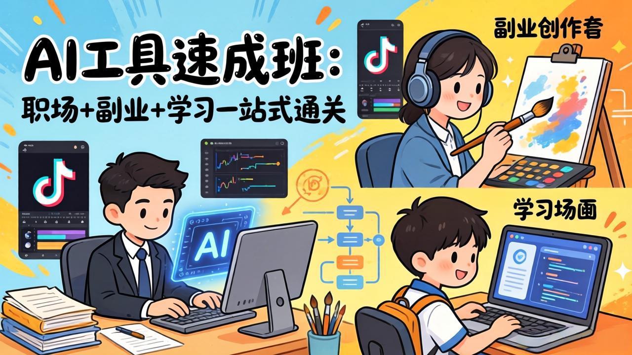 AI工具速成班：职场+副业+学习一站式通关，20+爆款类型+剪映技巧+抖音算法，0基础快速上手-天云资源网