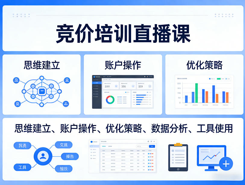 竞价培训直播课，覆盖思维建立、账户操作、优化策略、数据分析、工具使用等，全方位提升效果-天云资源网