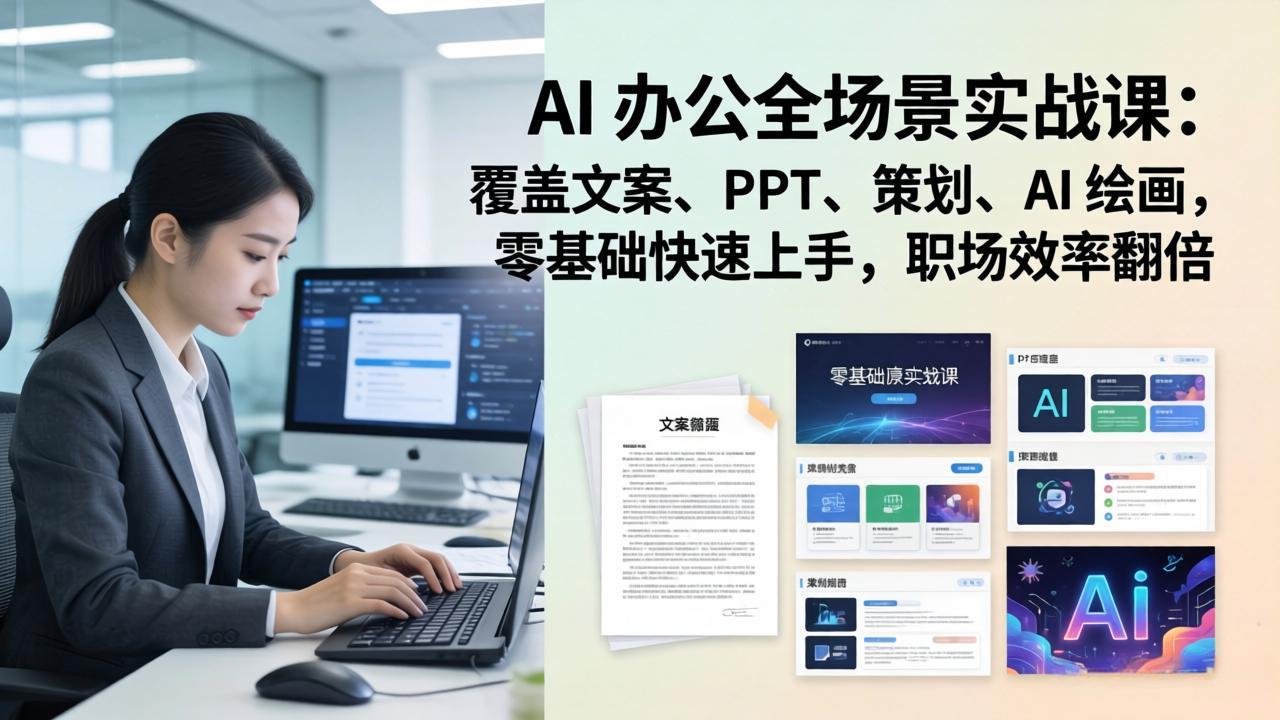 AI 办公全场景实战课：覆盖文案、PPT、策划、AI 绘画，零基础快速上手，职场效率翻倍-天云资源网