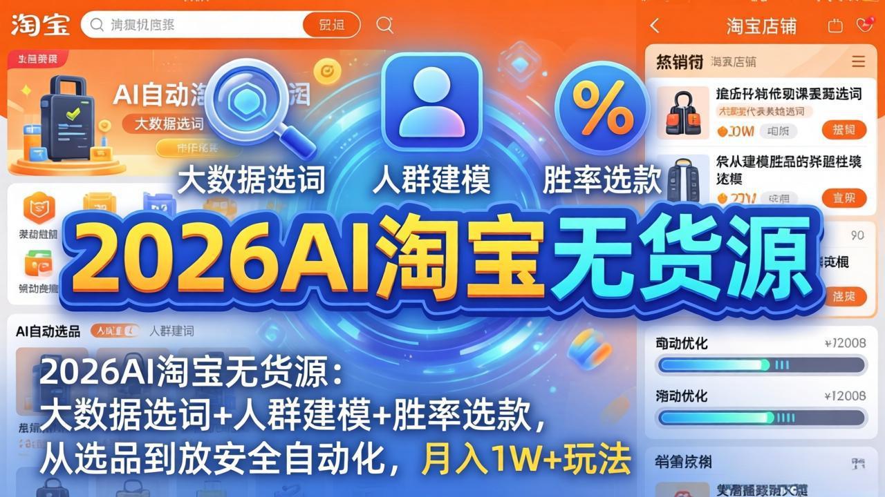 2026AI淘宝无货源：大数据选词+人群建模+胜率选款，从选品到放大全自动化，月入1W+玩法-天云资源网
