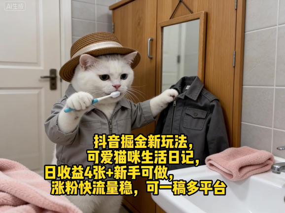 抖音掘金新玩法，可爱猫咪生活日记，日收益4张+新手可做，涨粉快流量稳，可一稿多平台-天云资源网