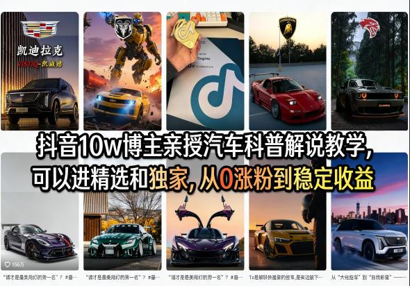 抖音10w博主亲授汽车科普解说教学，可以进精选和独家，从0涨粉到稳定收益(详细视频课程+1T素材)-天云资源网