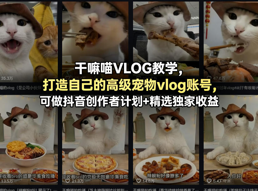 干嘛喵VLOG教学，打造自己的高级宠物vlog账号，可做抖音创作者计划+精选独家收益-天云资源网
