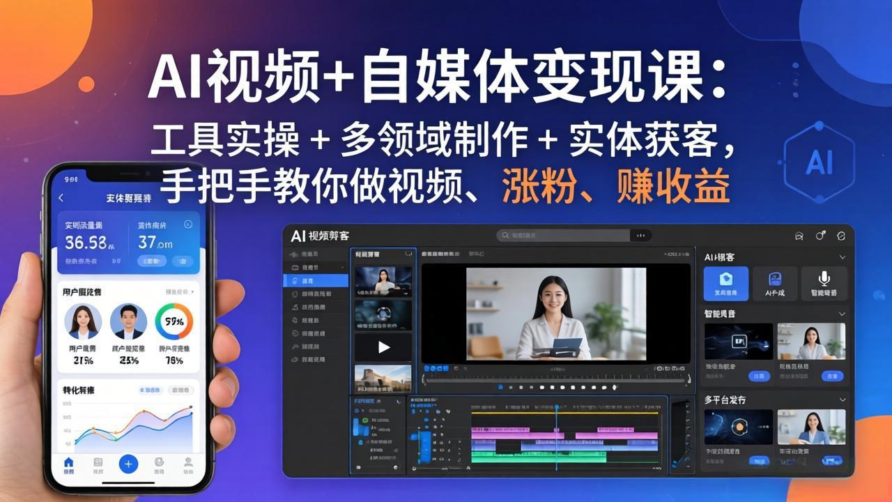 AI视频+自媒体变现课:工具实操 + 多领域制作 + 实体获客,手把手教你做视频、涨粉、赚收益-天云资源网
