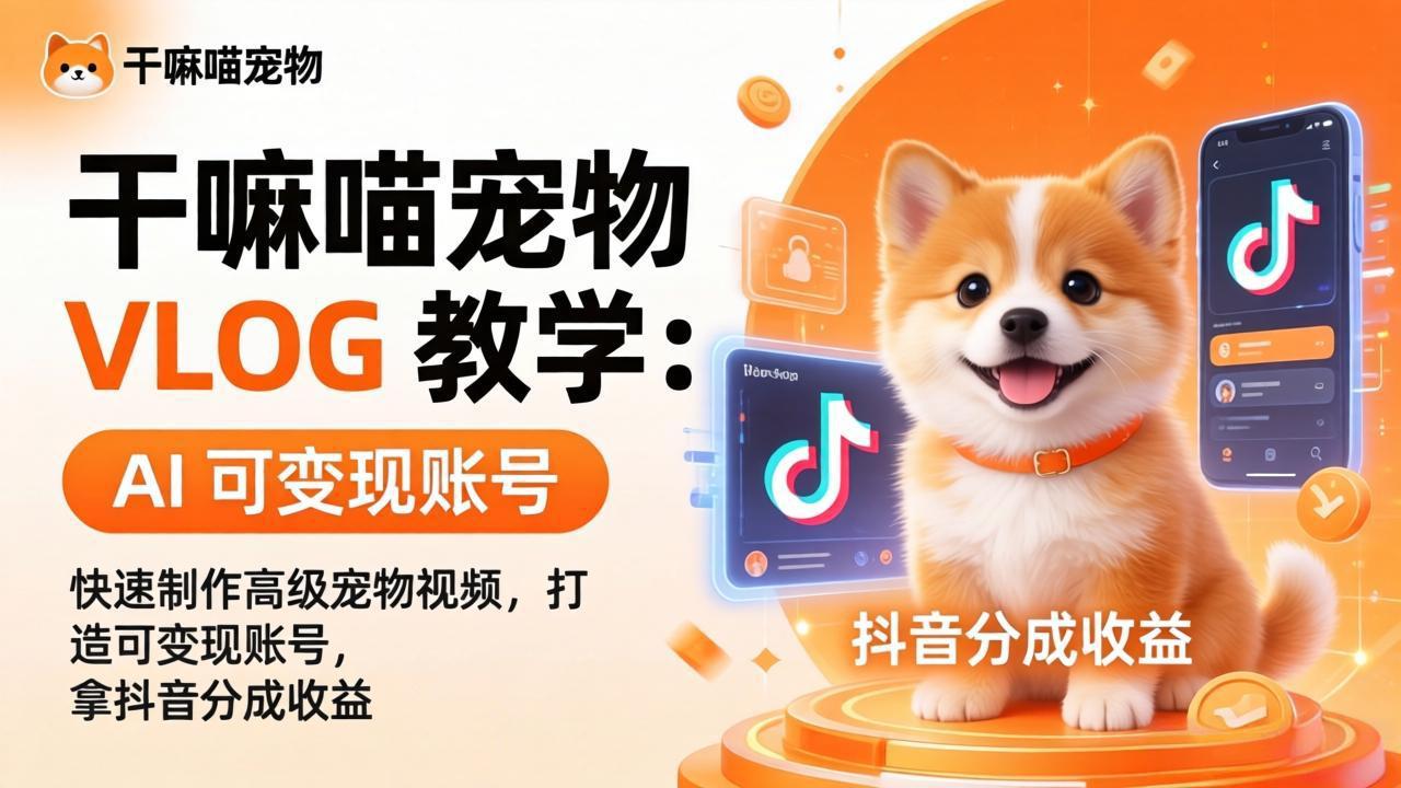 干嘛喵宠物 VLOG 教学：AI 快速制作高级宠物视频，打造可变现账号，拿抖音分成收益-天云资源网